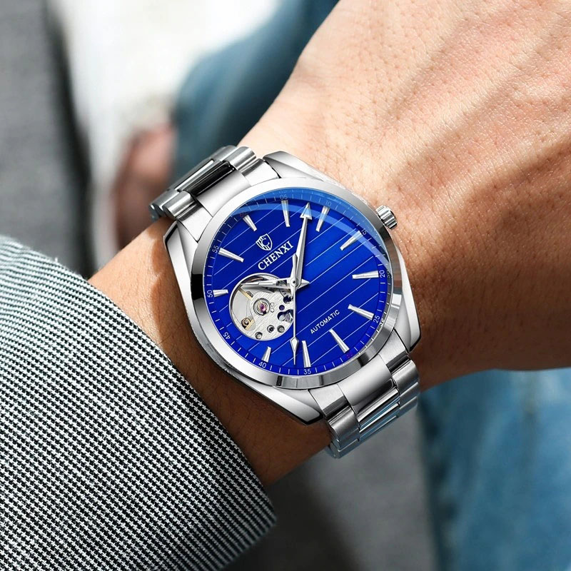 43mm Hollow Automatic Mechanical Stainless Steel Watch Silver