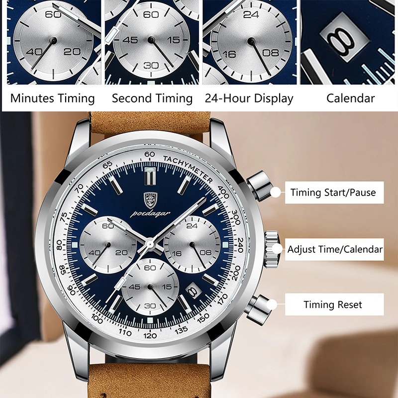 Bold Multifunctional Luminous Waterproof Quartz Watch With Leather Strap - Image 6