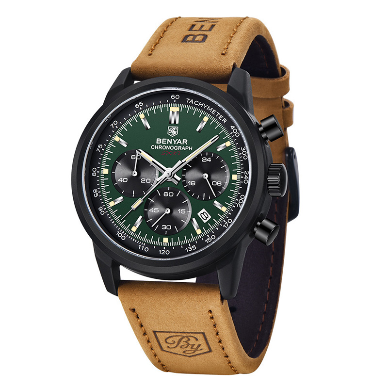 Bold Multifunctional Luminous Waterproof Quartz Watch With Leather Strap