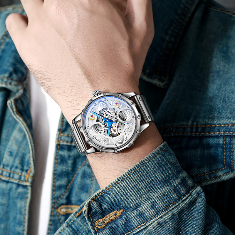 Hollow Luminous Stainless Steel Automatic Mechanical Watch Silver - Image 3
