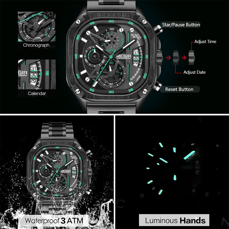 Multifunctional Waterproof Luminous Square Quartz Watch Silver - Image 6