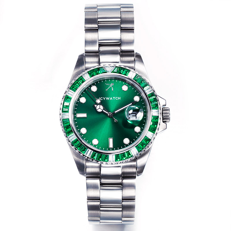 40mm Green Iced Out Green Luminous Dial Watch In White Gold With Gold Shine