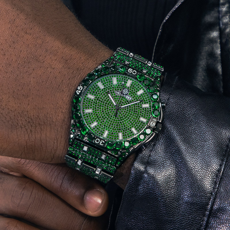 Iced Out Emerald Round Cut Luminous Men's Numerals Watch Gold - Image 3