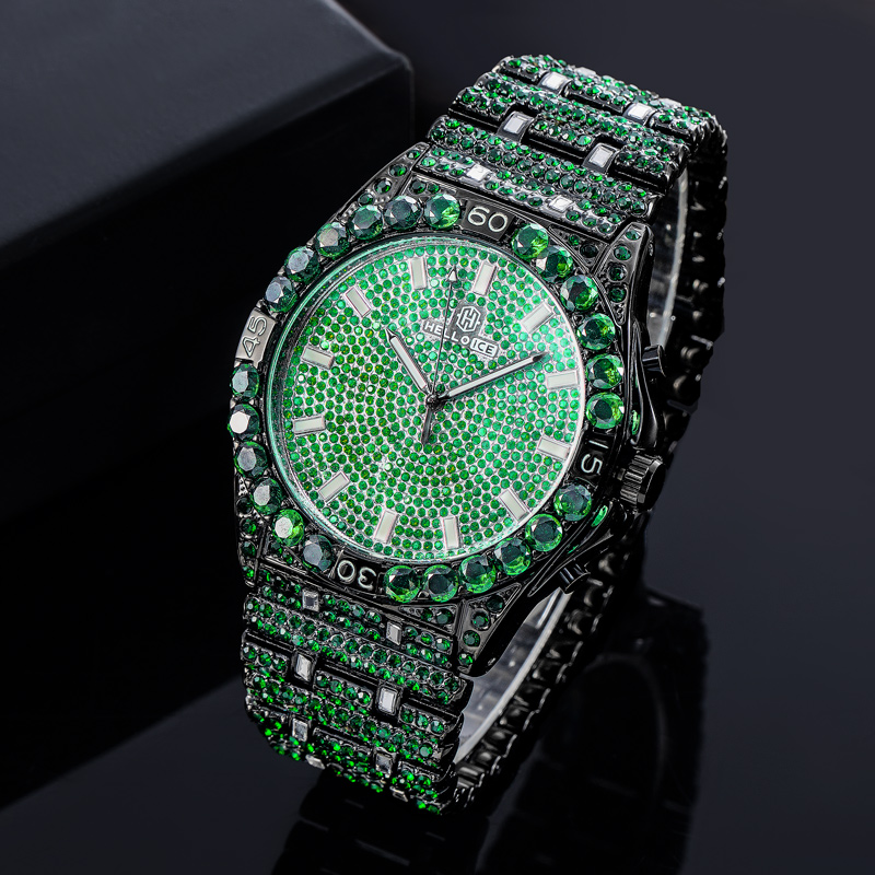 Iced Out Emerald Round Cut Luminous Men's Numerals Watch Gold - Image 4