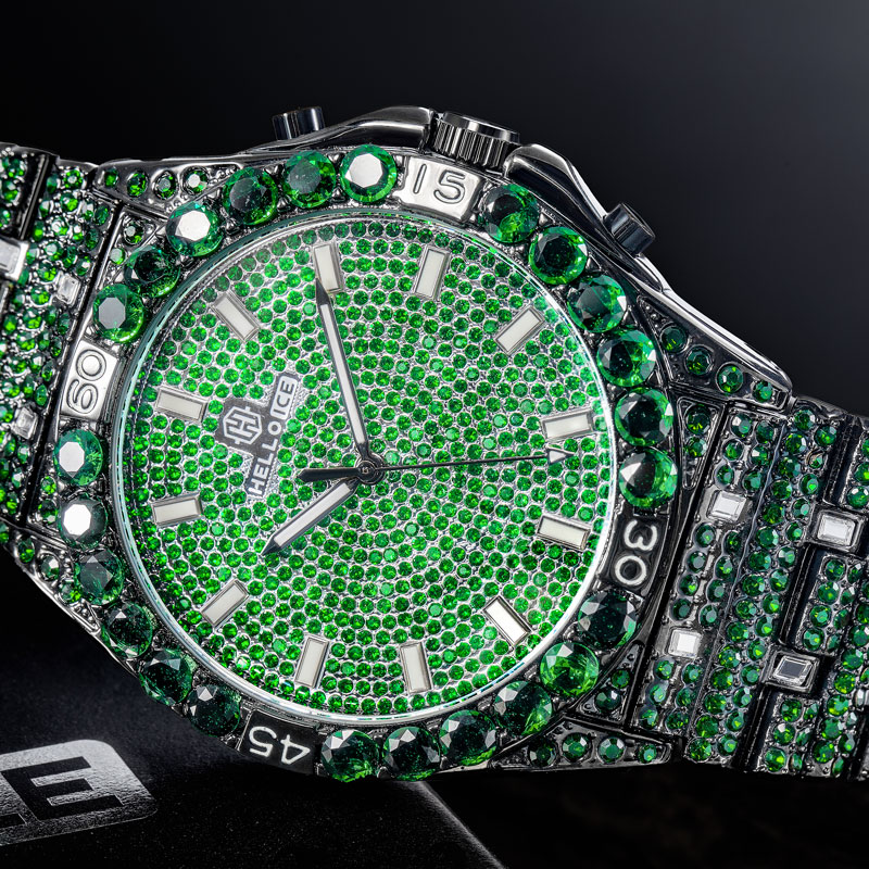 Iced Out Emerald Round Cut Luminous Men's Numerals Watch Gold - Image 5