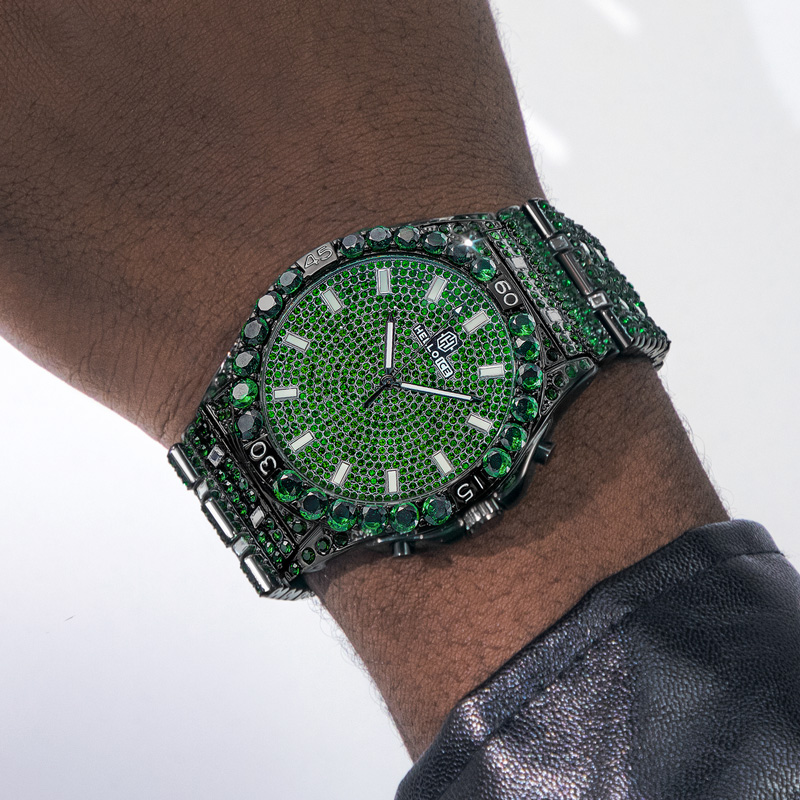 Iced Out Emerald Round Cut Luminous Men's Numerals Watch Gold - Image 6