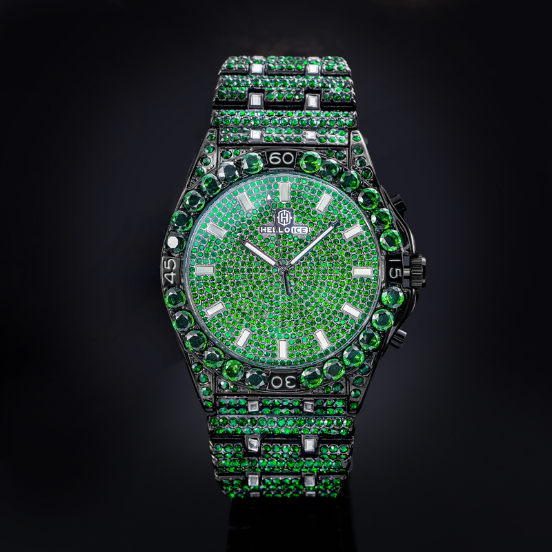 Iced Out Emerald Round Cut Luminous Men's Numerals Watch Gold