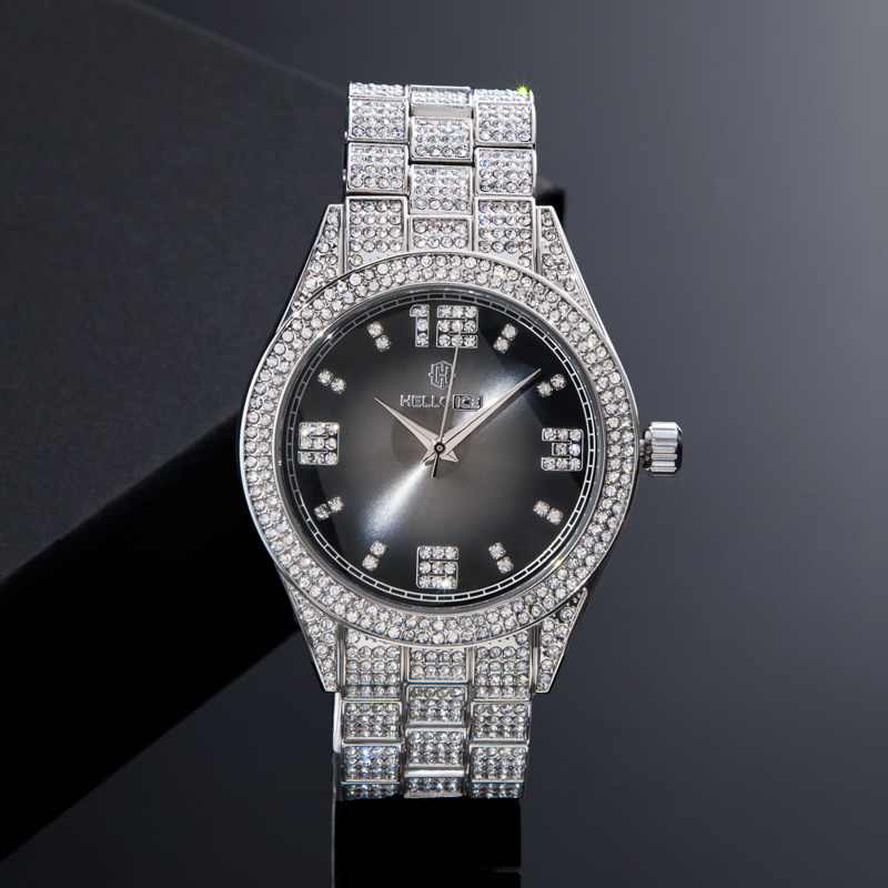 Iced Out Black Roman Numerals Dial Mens Wrist Watch With Bold Premium Edge