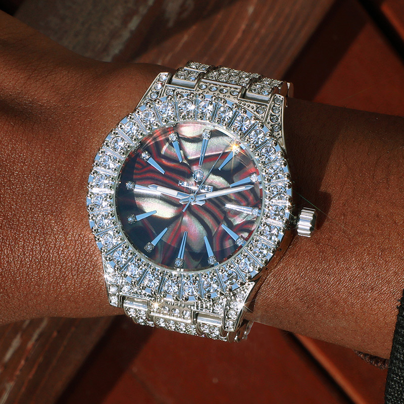 Fully Iced Out Red Sea Shell Dial Mens Watch In White Gold With Gold Shine - Image 3