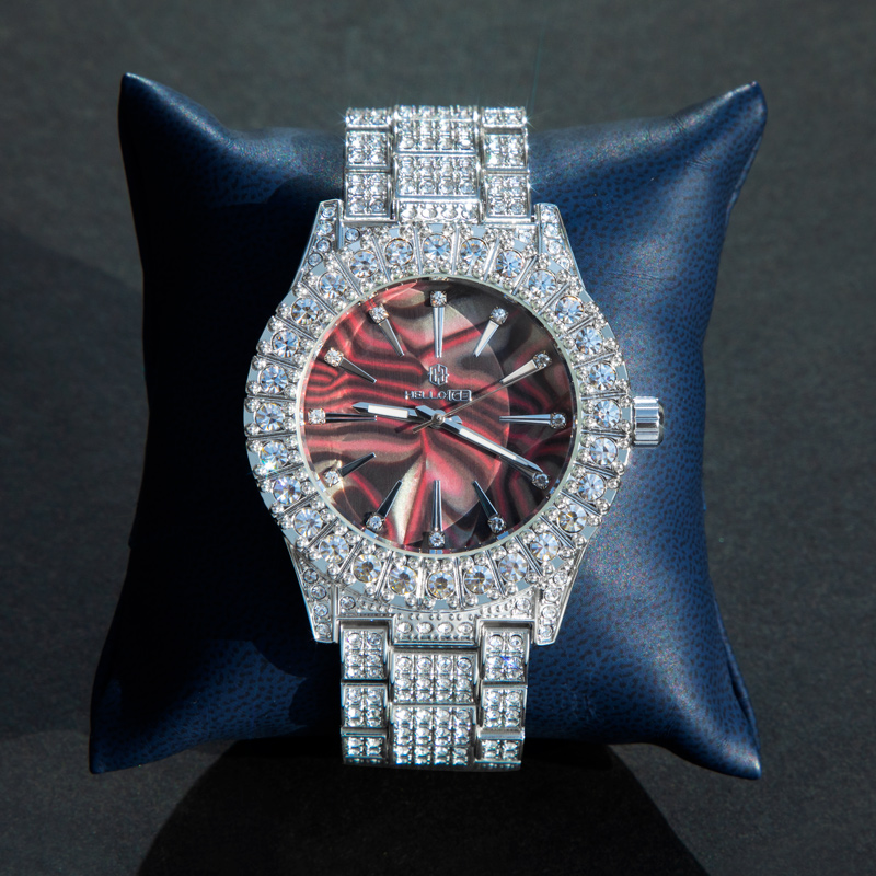 Fully Iced Out Red Sea Shell Dial Mens Watch In White Gold With Gold Shine - Image 4