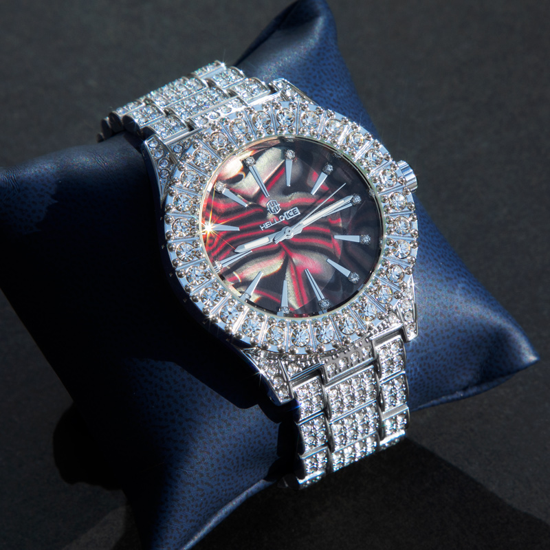 Fully Iced Out Red Sea Shell Dial Mens Watch In White Gold With Gold Shine - Image 5