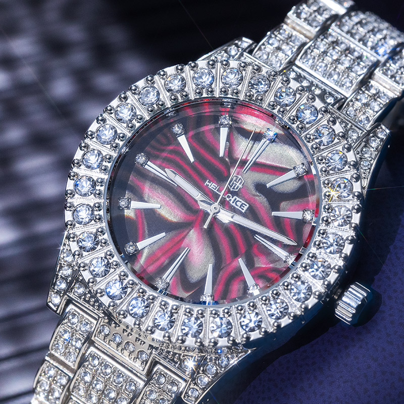 Fully Iced Out Red Sea Shell Dial Mens Watch In White Gold With Gold Shine