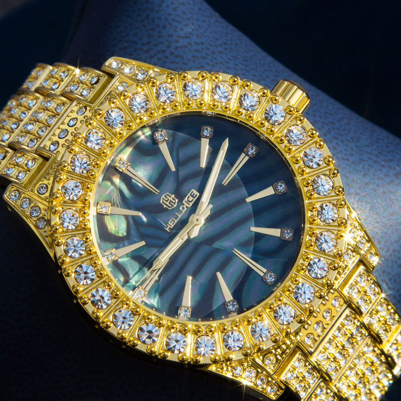 Micro Pave Sea Shell Dial Mens Watch In Gold With Street Luxury Shine - Image 5