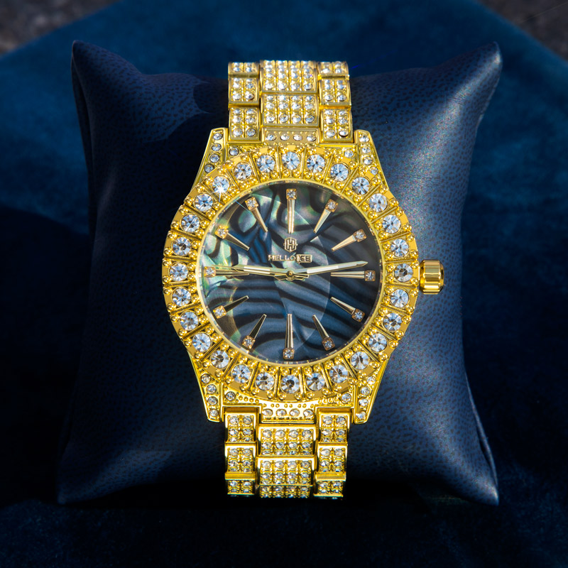 Micro Pave Sea Shell Dial Mens Watch In Gold With Street Luxury Shine