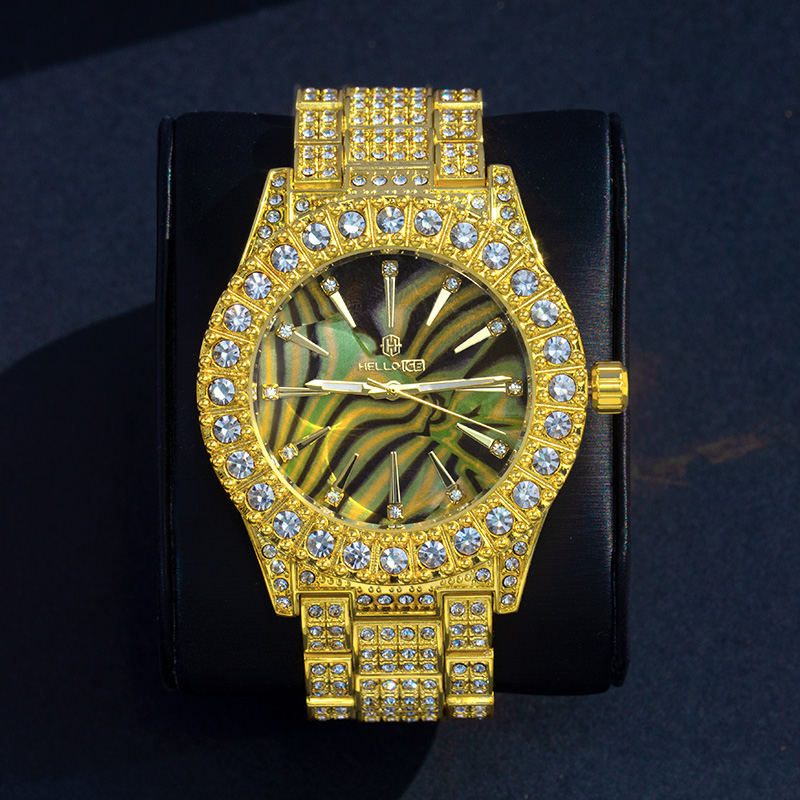 Street Luxury Luxury Iced Out Multi-color Sea Shell Dial Mens Watch In Gold - Image 3