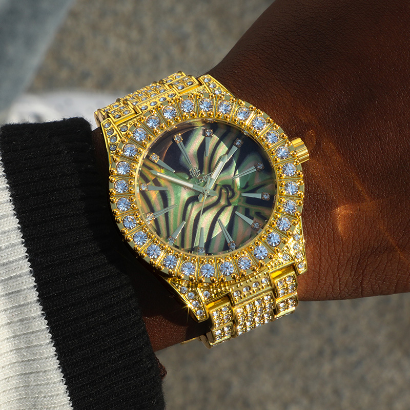 Street Luxury Luxury Iced Out Multi-color Sea Shell Dial Mens Watch In Gold - Image 6