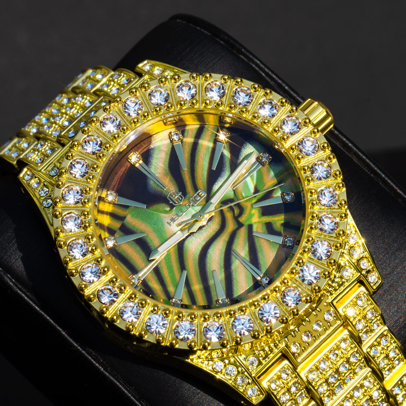 Street Luxury Luxury Iced Out Multi-color Sea Shell Dial Mens Watch In Gold