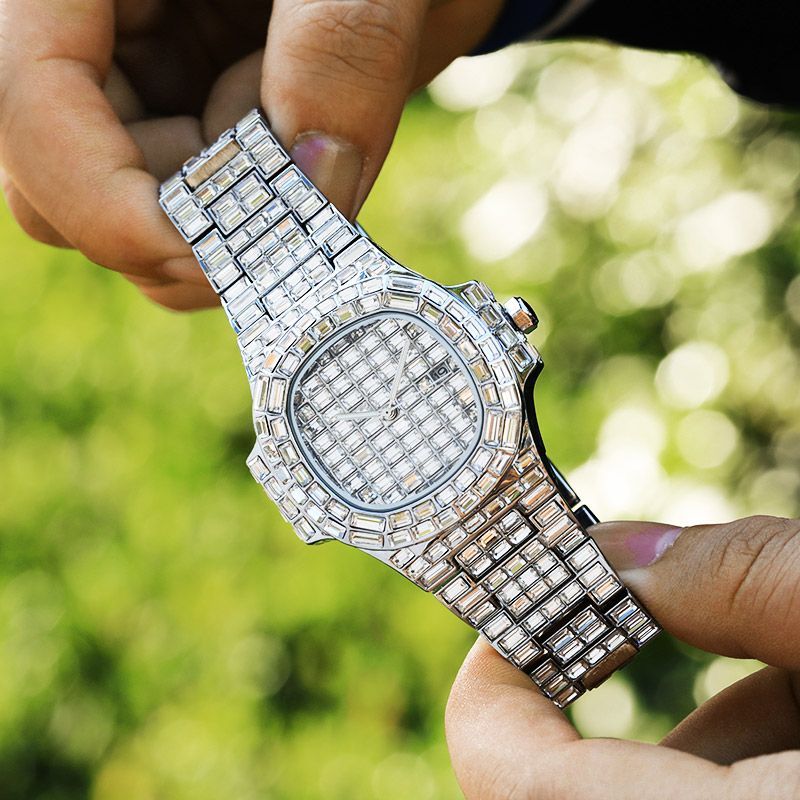 40mm Baguette Cut Stone Iced Out Dial Watch In White Gold With Gold Shine - Image 3