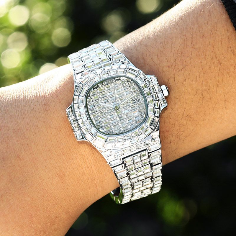 40mm Baguette Cut Stone Iced Out Dial Watch In White Gold With Gold Shine - Image 4