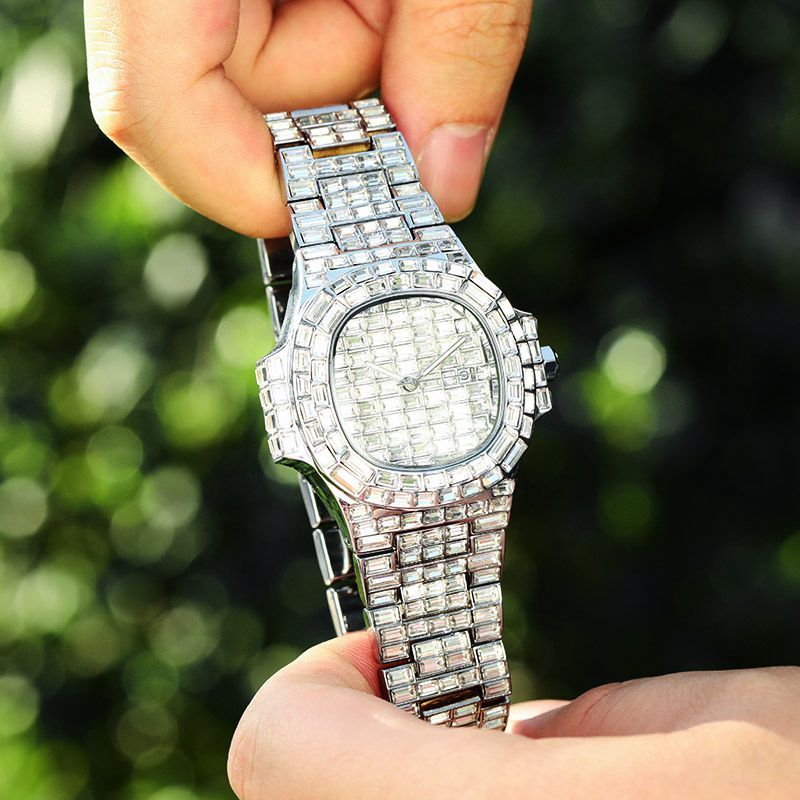 40mm Baguette Cut Stone Iced Out Dial Watch In White Gold With Gold Shine