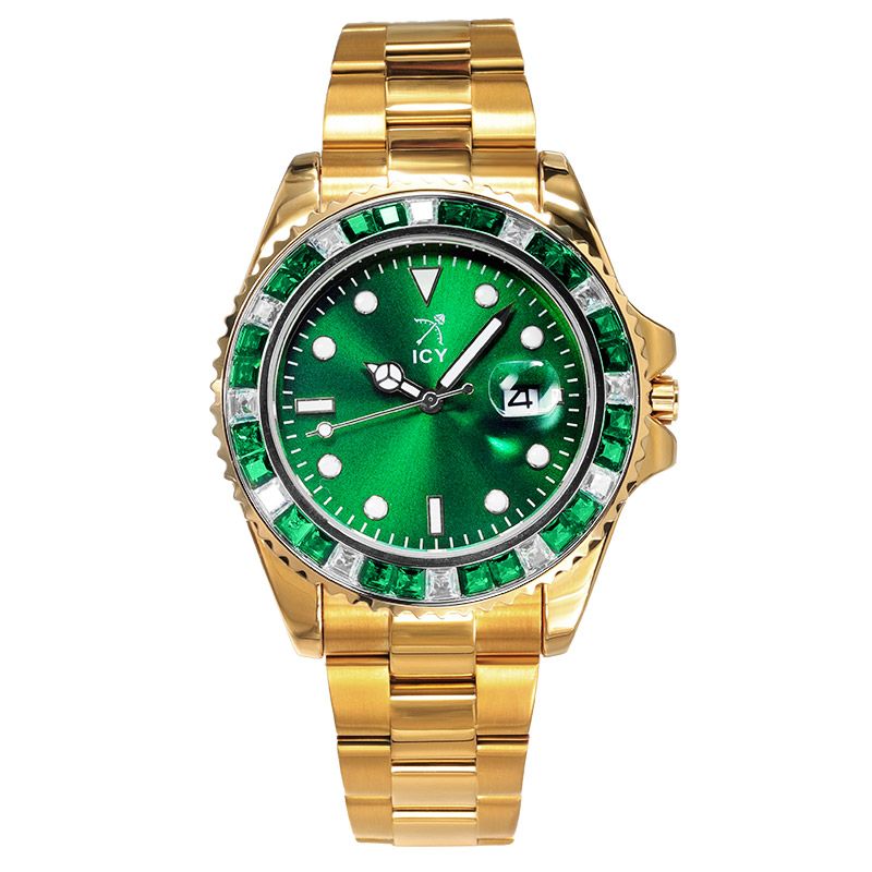 40mm Two Tone Iced Out Green Luminous Dial Watch In Gold With Gold Shine