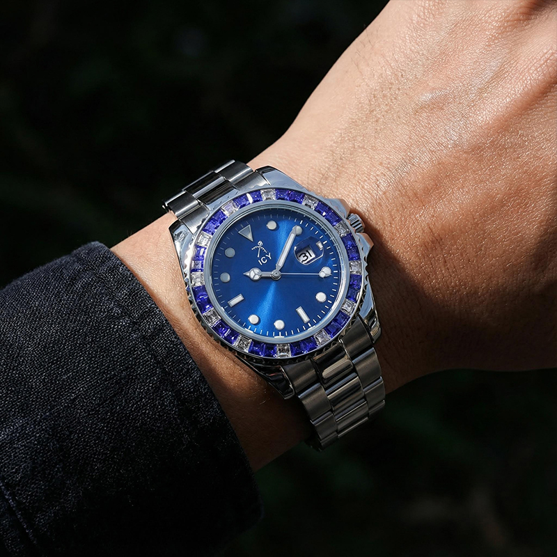 40mm Two Tone Iced Out Blue Dial Watch In White Gold With Gold Shine - Image 3