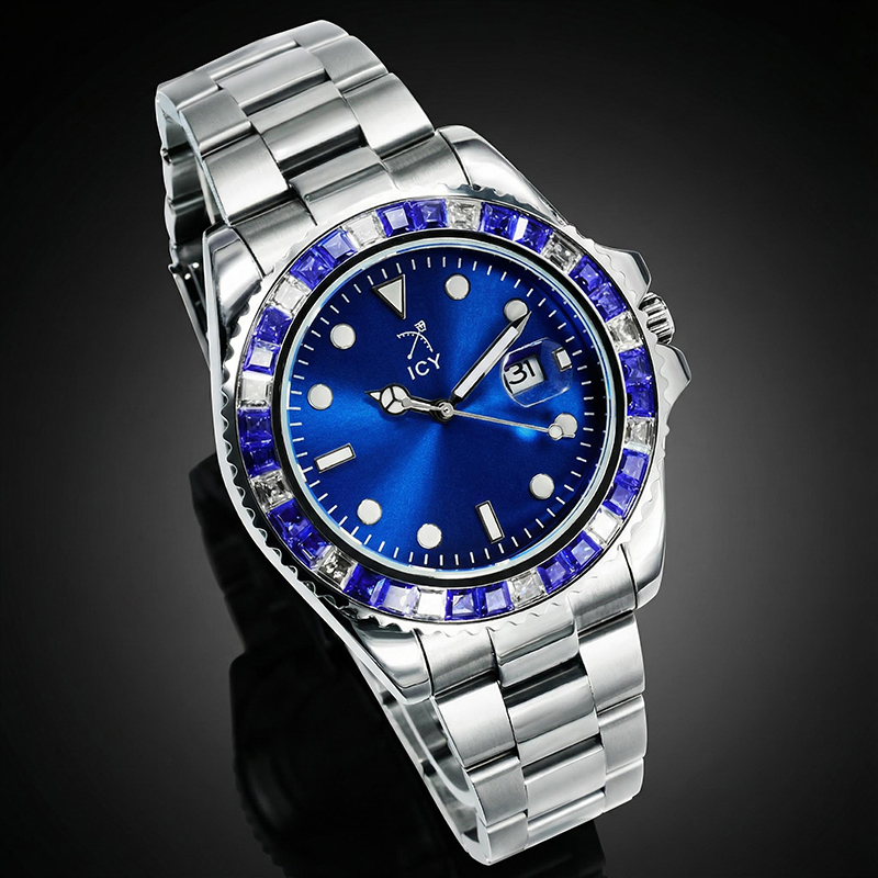 40mm Two Tone Iced Out Blue Dial Watch In White Gold With Gold Shine - Image 4