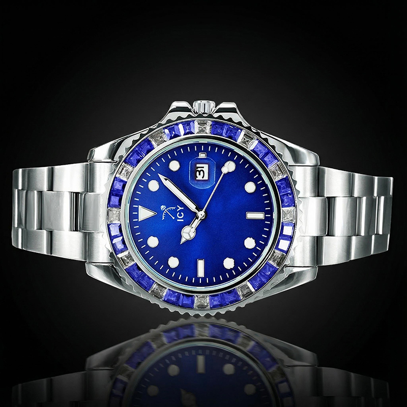 40mm Two Tone Iced Out Blue Dial Watch In White Gold With Gold Shine - Image 6