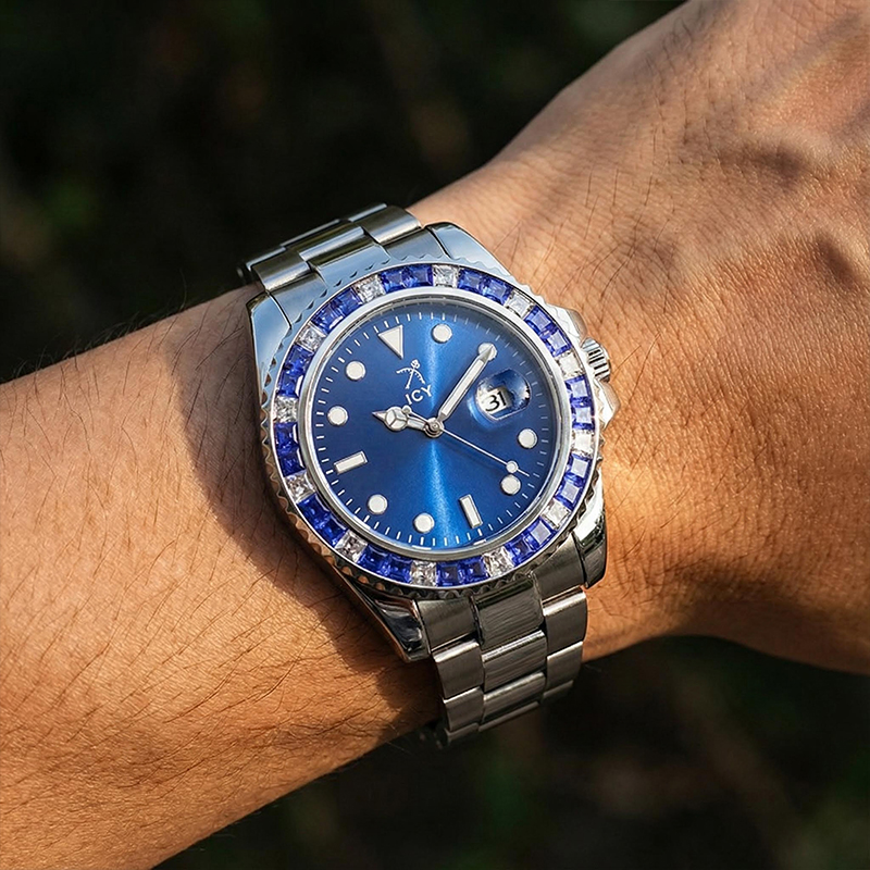 40mm Two Tone Iced Out Blue Dial Watch In White Gold With Gold Shine - Image 7