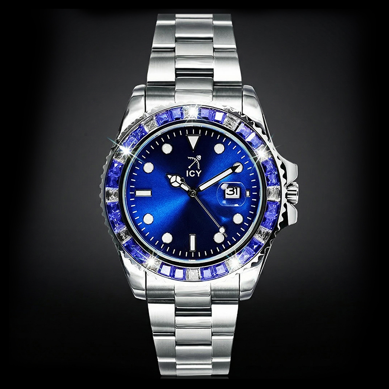 40mm Two Tone Iced Out Blue Dial Watch In White Gold With Gold Shine