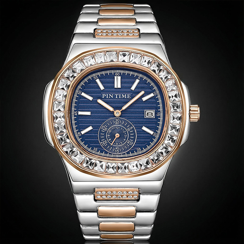 Iced Out Square Cut Dial Calendar Men's Quartz Watch Silver