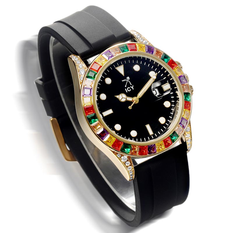 Bold 40mm Rainbow Rose Gold Luminous Watch With Black Silicone Strap - Image 3