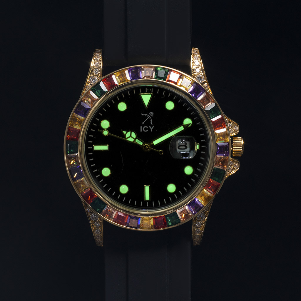 Bold 40mm Rainbow Rose Gold Luminous Watch With Black Silicone Strap - Image 4