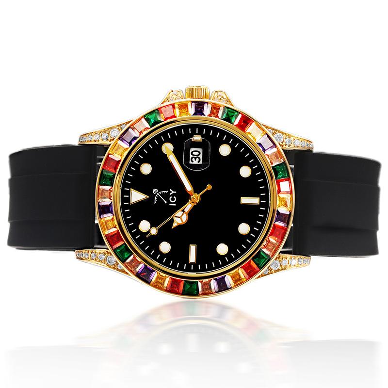 Bold 40mm Rainbow Rose Gold Luminous Watch With Black Silicone Strap - Image 5