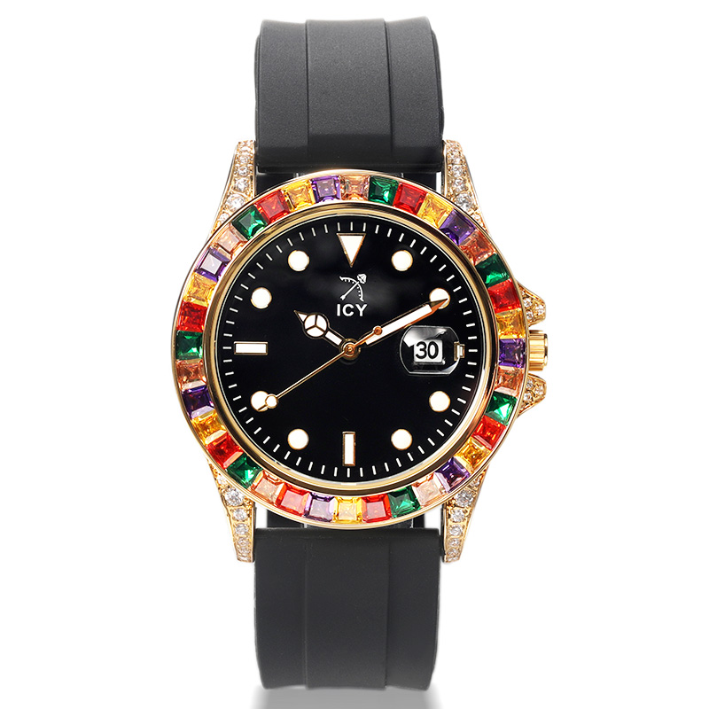 Bold 40mm Rainbow Rose Gold Luminous Watch With Black Silicone Strap