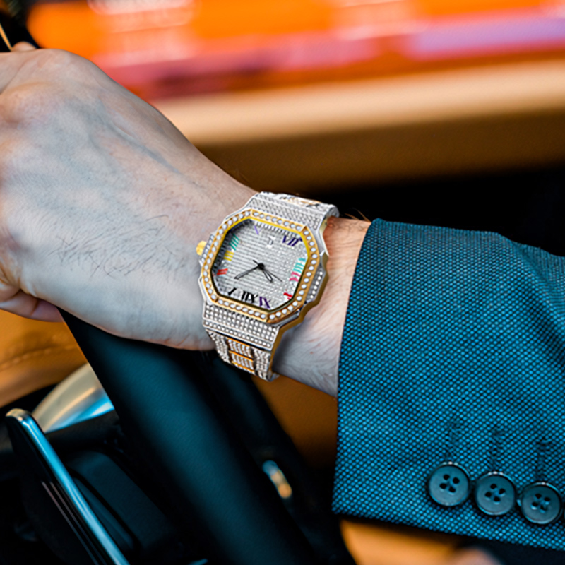 Iced Out Two-tone Square Roman Numerals Men's Watch With Bold Premium Edge - Image 4