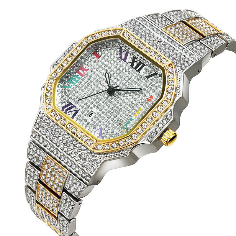 Iced Out Two-tone Square Roman Numerals Men's Watch With Bold Premium Edge - Image 5
