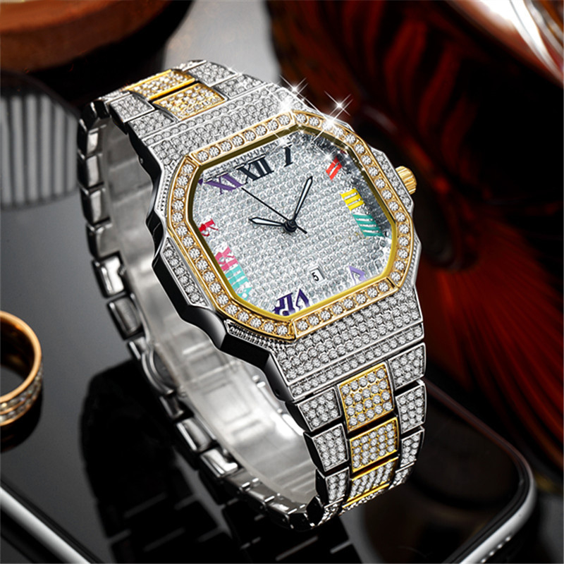 Iced Out Two-tone Square Roman Numerals Men's Watch With Bold Premium Edge