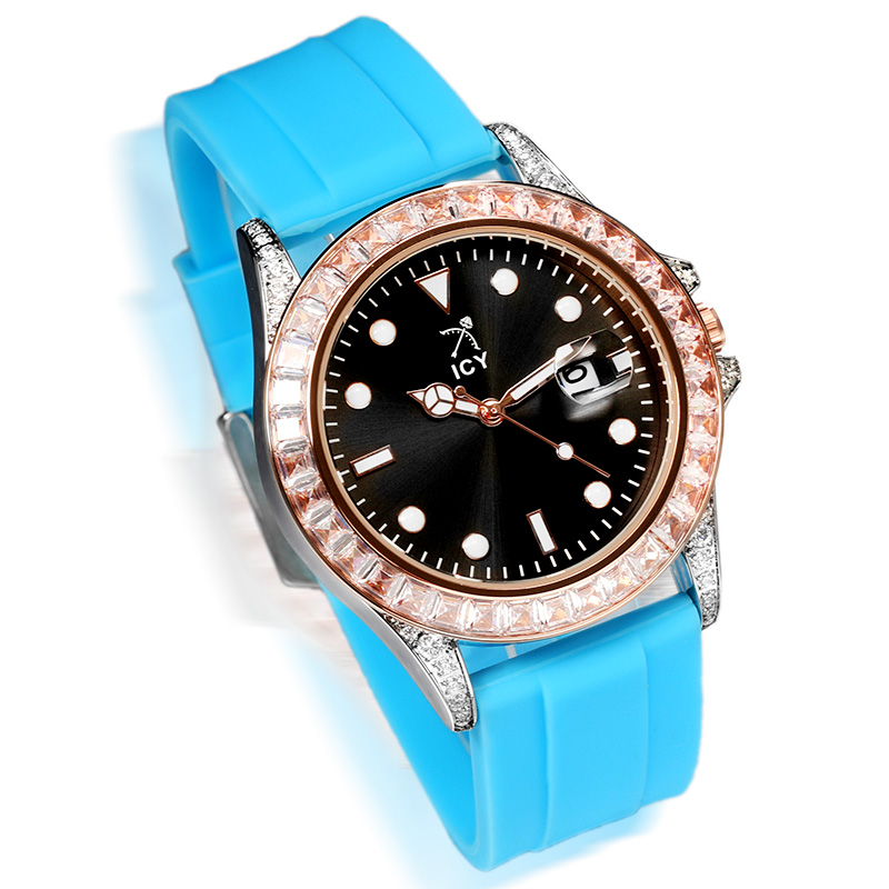 Bold 40mm Black Luminous Dial Rose Gold Watch With Blue Silicone Strap - Image 3