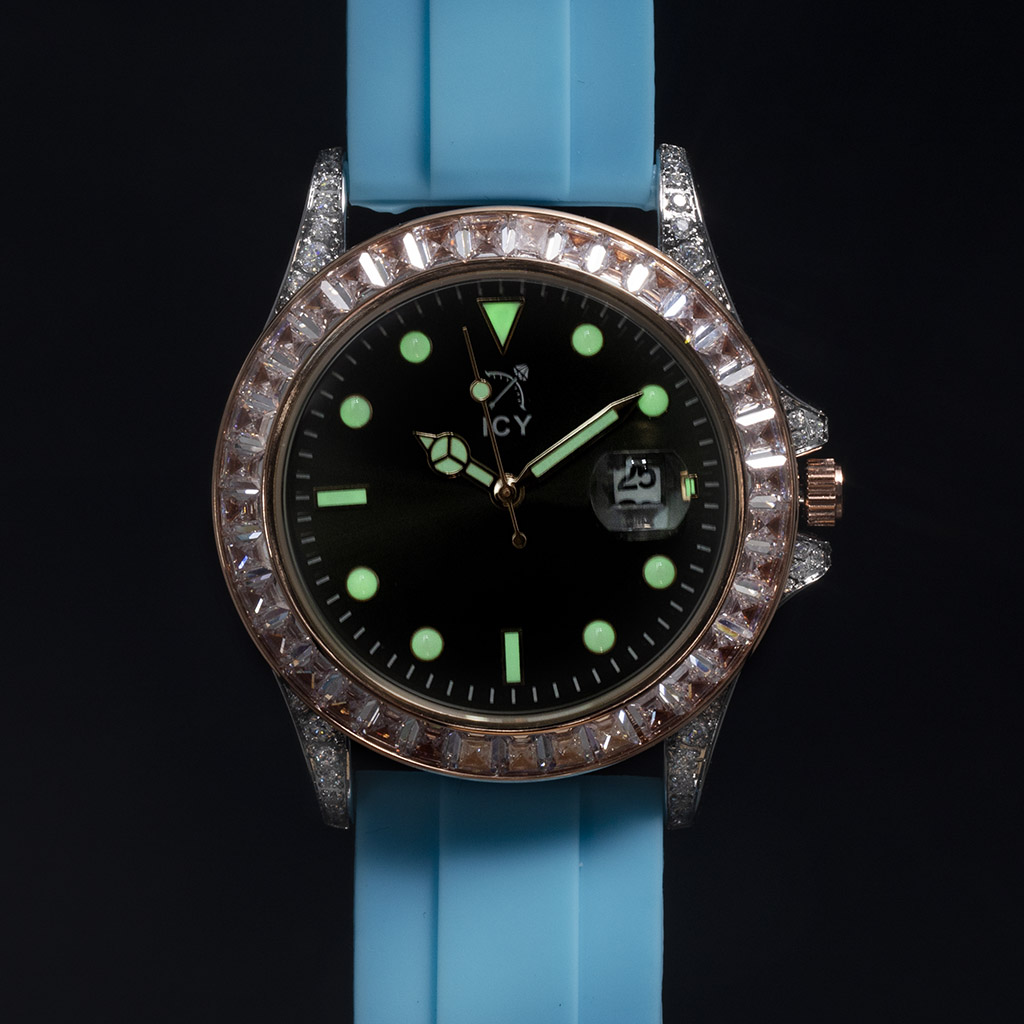 Bold 40mm Black Luminous Dial Rose Gold Watch With Blue Silicone Strap - Image 4