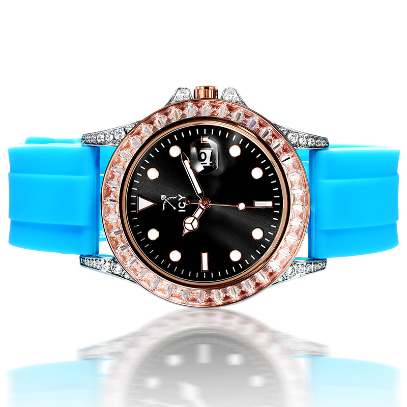 Bold 40mm Black Luminous Dial Rose Gold Watch With Blue Silicone Strap - Image 5