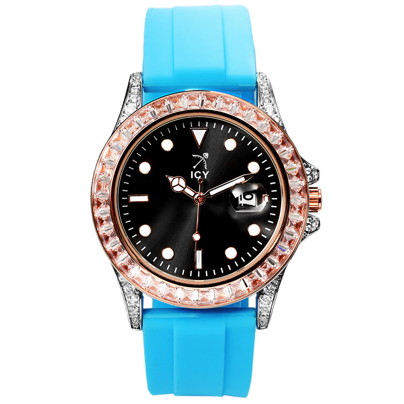 Bold 40mm Black Luminous Dial Rose Gold Watch With Blue Silicone Strap