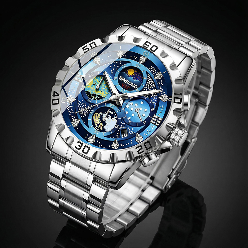 Luminous Blue Dial Stainless Steel Men's Sports Watch Silver - Image 3