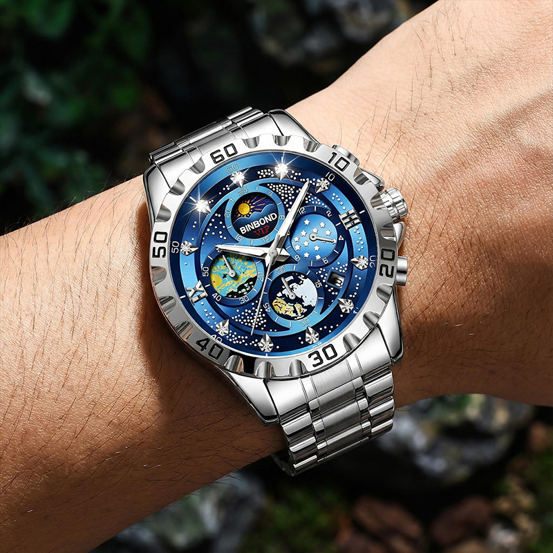 Luminous Blue Dial Stainless Steel Men's Sports Watch Silver - Image 6