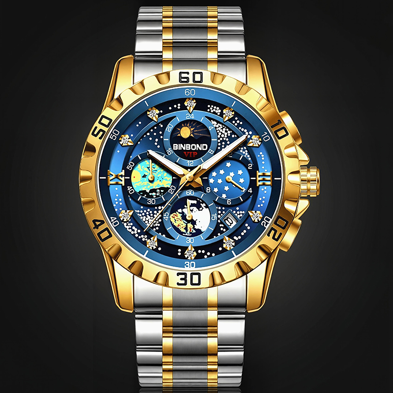 Luminous Blue Dial Stainless Steel Men's Sports Watch Silver