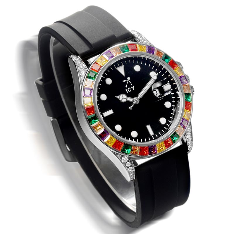 Rainbow White Gold Luminous Watch With Black Silicone Strap With Gold Shine - Image 3