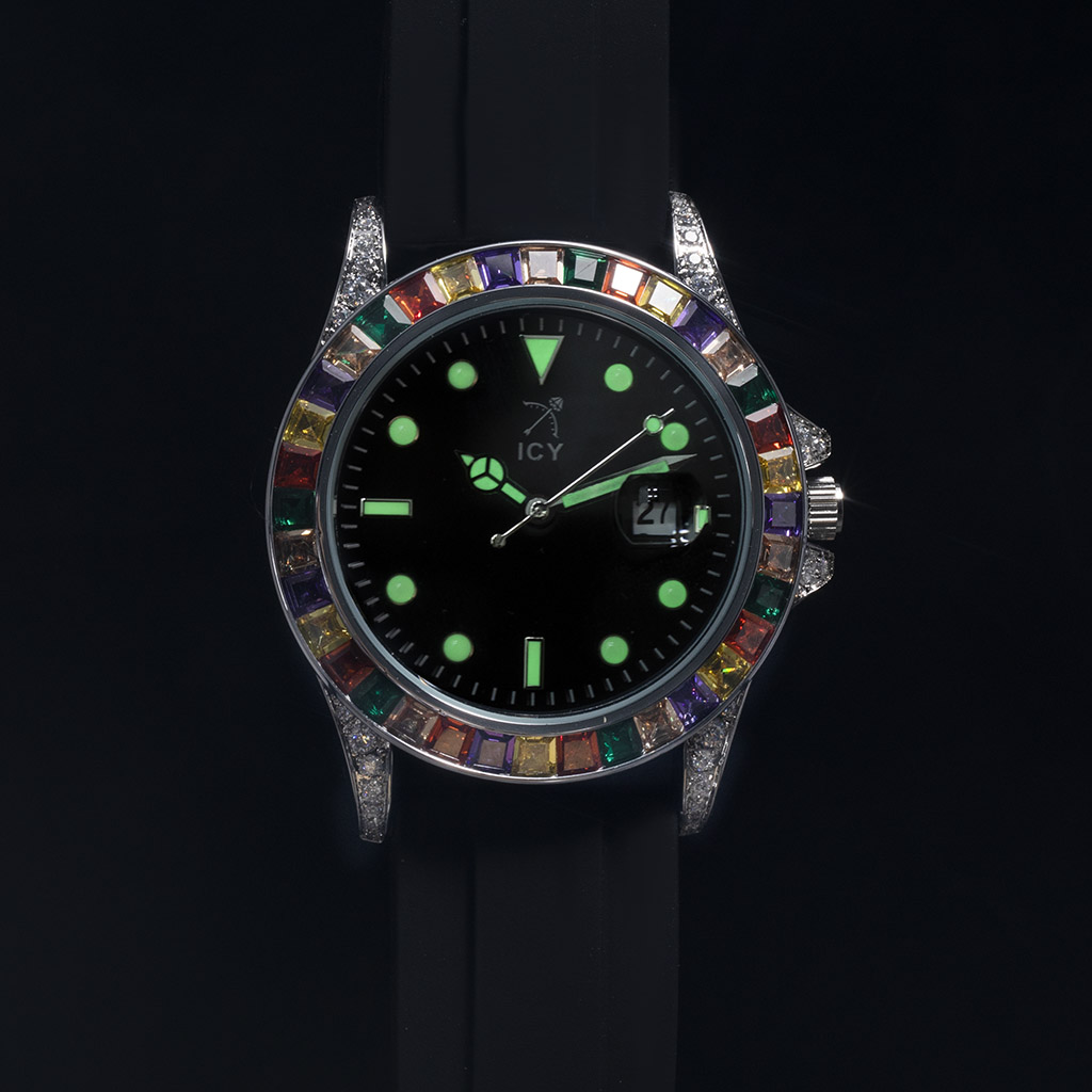Rainbow White Gold Luminous Watch With Black Silicone Strap With Gold Shine - Image 4