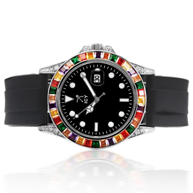 Rainbow White Gold Luminous Watch With Black Silicone Strap With Gold Shine - Image 5