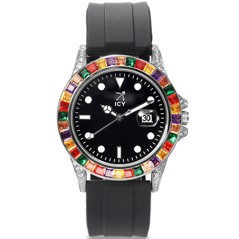 Rainbow White Gold Luminous Watch With Black Silicone Strap With Gold Shine