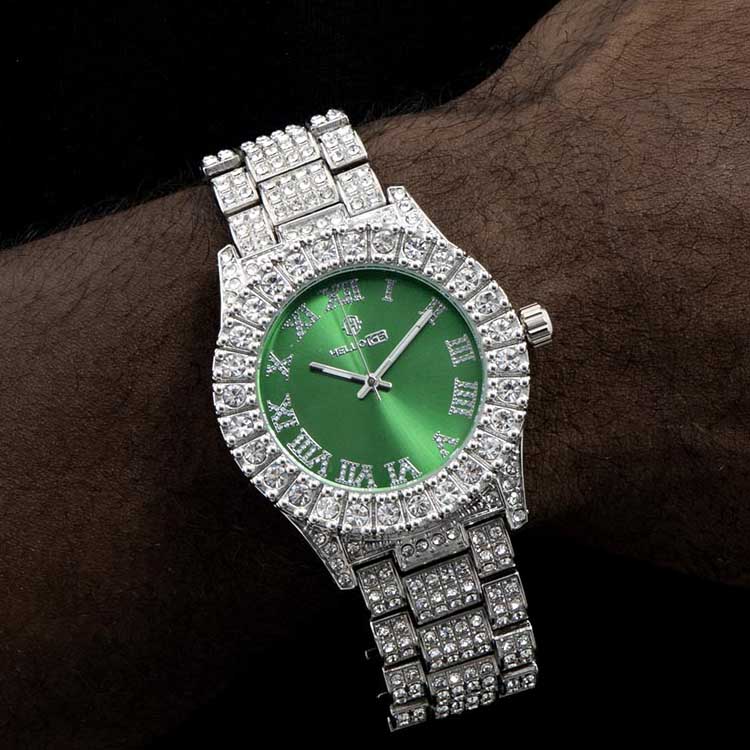 Street Luxury Iced Out Roman Numerals Green Dial Men's Watch In White Gold - Image 3